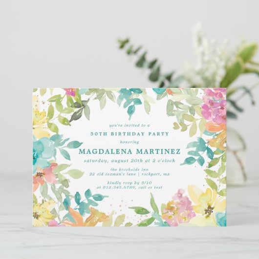 Zomer Waterverf Floral 50ste verjaardagsfeestje Kaart (Staand voorkant)