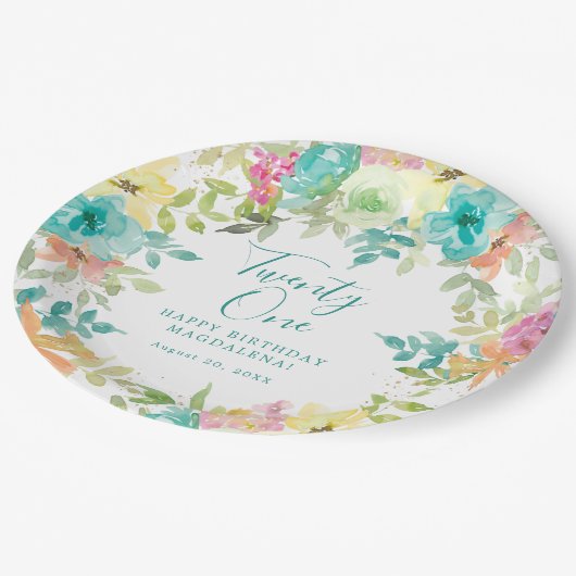 Zomer Waterverf Floral Custom 21st Verjaardag Papieren Bordje (Gekanteld)