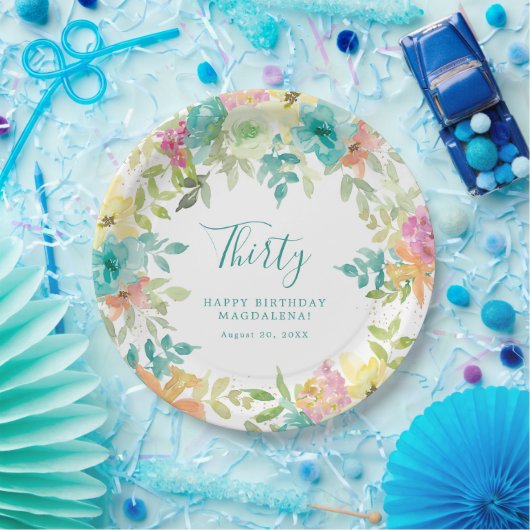 Zomer Waterverf Floral Custom 30e Verjaardag Papieren Bordje (Feest)