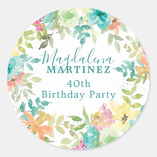 Zomer Waterverf Floral Custom 40e Verjaardag Ronde Sticker (Voorkant)