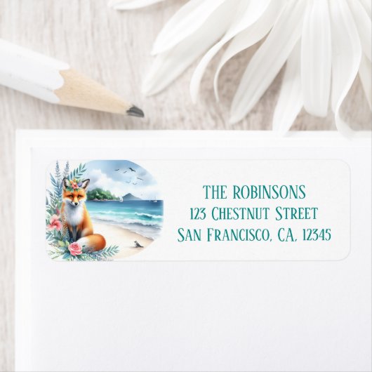 Zomer Waterverf Fox op het strand Retouradres Etiket (Insitu)