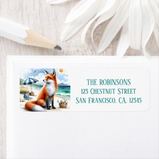 Zomer Waterverf Fox op het strand Retouradres Etiket (Insitu)