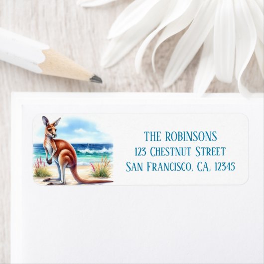Zomer Waterverf Kangoeroe op het strand Etiket (Insitu)