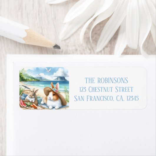 Zomer Waterverf Konijnen op het strand Etiket (Insitu)