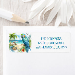 Zomer Waterverf Papegaai op het strand Etiket