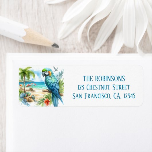 Zomer Waterverf Papegaai op het strand Etiket (Insitu)