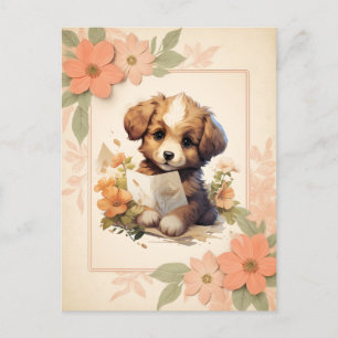 Zomer Waterverf Puppy - Bloemen lijst - Briefkaart
