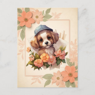Zomer Waterverf Puppy - Bloemen Lijst - Briefkaart