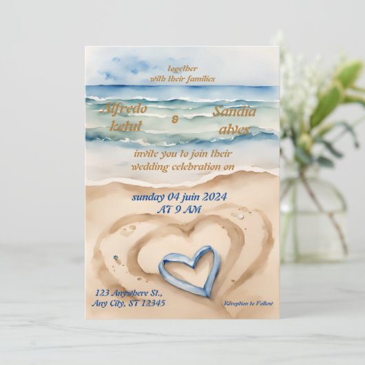 zomer waterverf strand oceaan blauw bruiloft kaart (Staand voorkant)