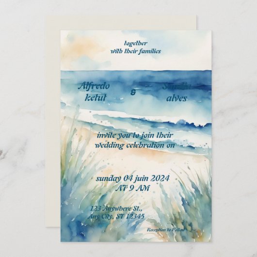 zomer waterverf strand oceaan blauw bruiloft kaart (Voorkant / Achterkant)