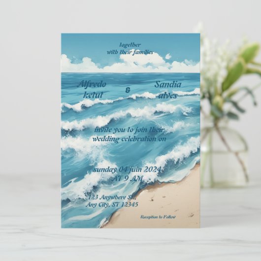 zomer waterverf strand oceaan blauw bruiloft kaart (Staand voorkant)