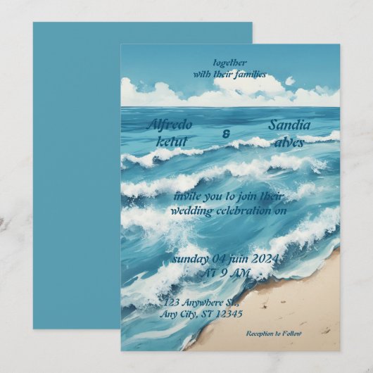 zomer waterverf strand oceaan blauw bruiloft kaart (Voorkant / Achterkant)