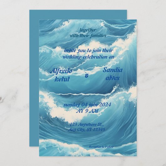 zomer waterverf strand oceaan blauw bruiloft kaart (Voorkant / Achterkant)
