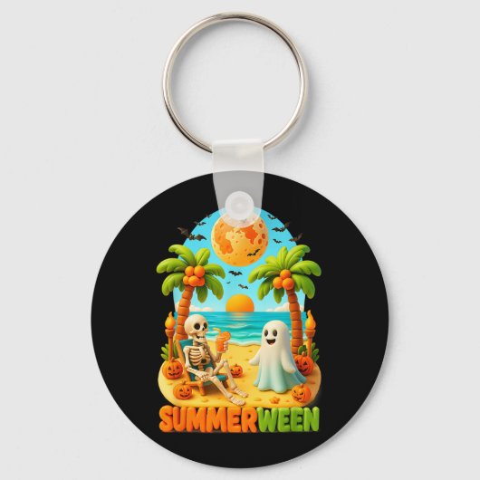 Zomer-ween Skelet Spook Strand Palm Halloween Sleutelhanger (Voorkant)