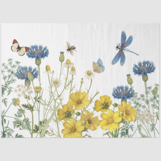 Zomer Wildbloem Bloemen Dragonfly Bee Blue Craft Tissuepapier (Voorkant)