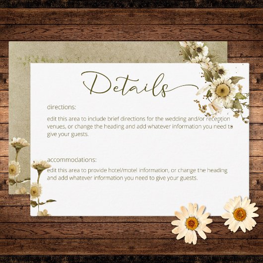 Zomer Wildbloemen & Daisies Bruiloft Details Informatiekaartje