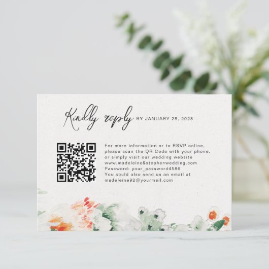 Zomer Wildbloemen groen en oranje QR-code online RSVP Kaartje (Staand voorkant)