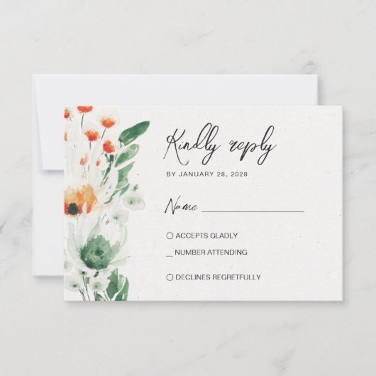 Zomer Wildbloemen groen en sinaasappel RSVP Kaartje (Voorkant)