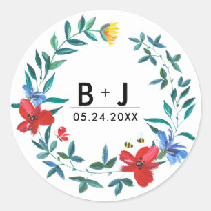 Zomer Wildbloemen Monogram Bruiloft Ronde Sticker
