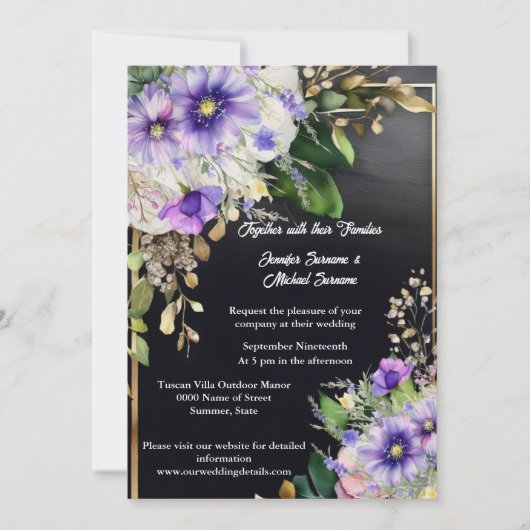 Zomer wilde bloemen elegante zwarte paarse waterve kaart (Voorkant)