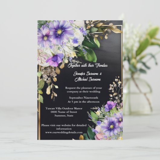 Zomer wilde bloemen elegante zwarte paarse waterve kaart (Staand voorkant)