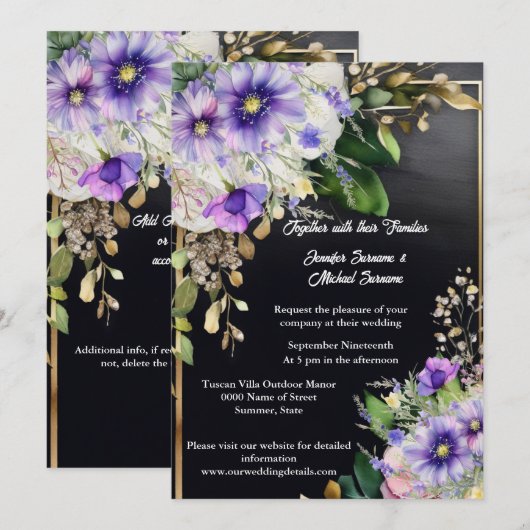 Zomer wilde bloemen elegante zwarte paarse waterve kaart (Voorkant / Achterkant)