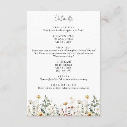 Zomer Wildflower Field Bruiloft Informatiekaartje (Voorkant)