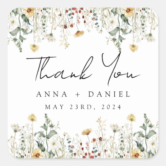 Zomer Wildflower Field Bruiloft Vierkante Sticker (Voorkant)