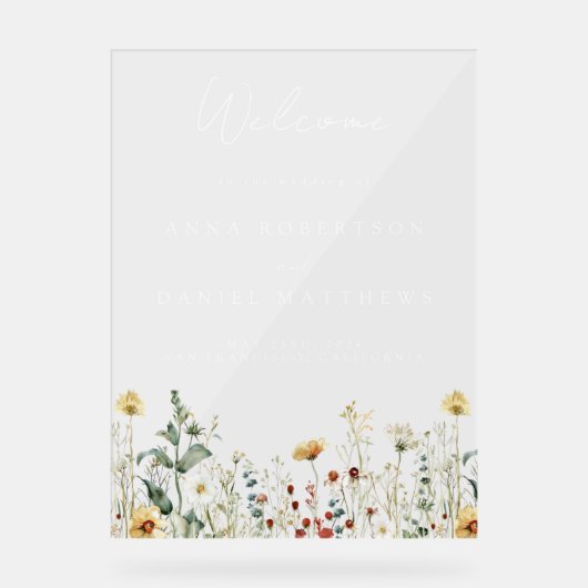 Zomer Wildflower Field Bruiloft Welkom Acryl Bord (Voorkant)