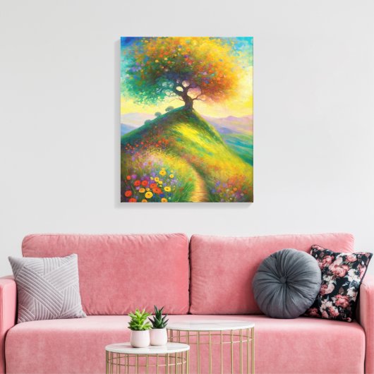 Zomer Wildflower Hill Tree Schilderij Canvas Afdruk (Insitu (Woonkamer))