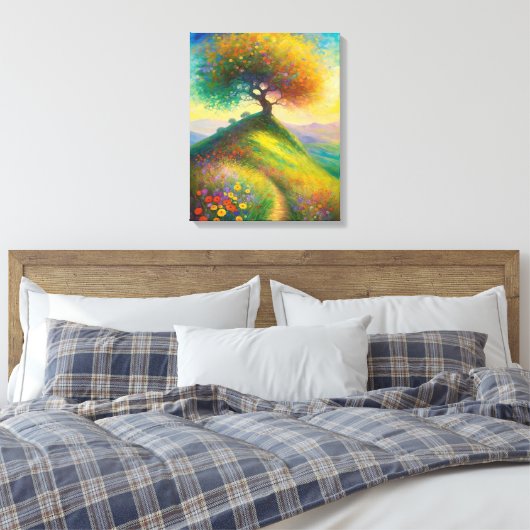 Zomer Wildflower Hill Tree Schilderij Canvas Afdruk (Insitu (Slaapkamer))
