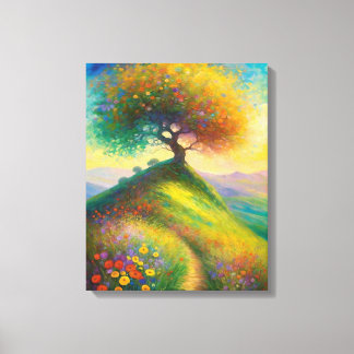 Zomer Wildflower Hill Tree Schilderij Canvas Afdruk