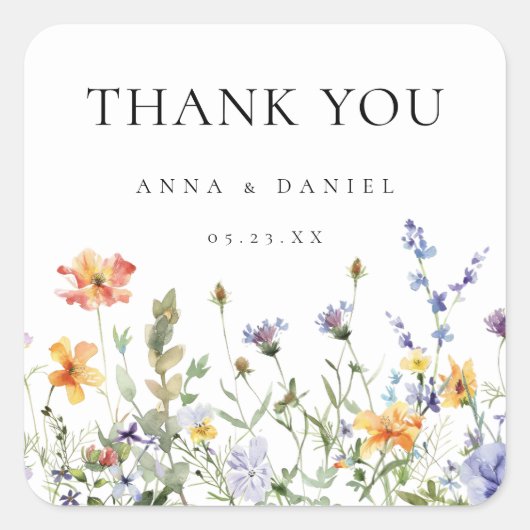 Zomer Wildflower Tuin bruiloft Dank u Vierkante Sticker (Voorkant)