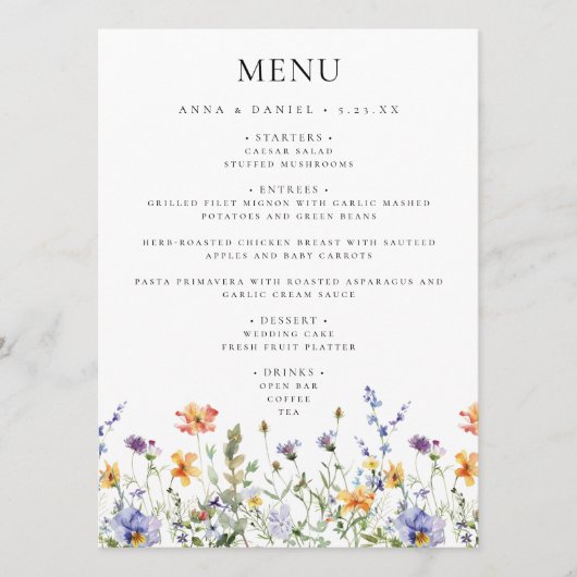 Zomer Wildflower Tuin bruiloft Menu (Voorkant)