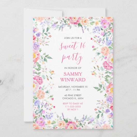 Zomer Wildflowers Bloemen Sweet Sixteen Kaart (Voorkant)