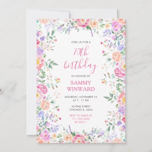 Zomer Wildflowers Floral 70e Verjaardagsfeest Kaart (Voorkant)