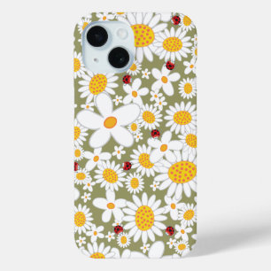 Zomer Witte Dagen en Rode Ladybugs op bruin iPhone 15 Case