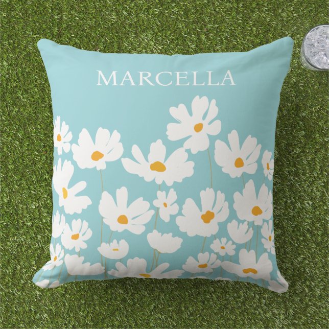 Zomer Witte Kosmos Bloemen Aangepaste naam Buitenkussen (Gras)