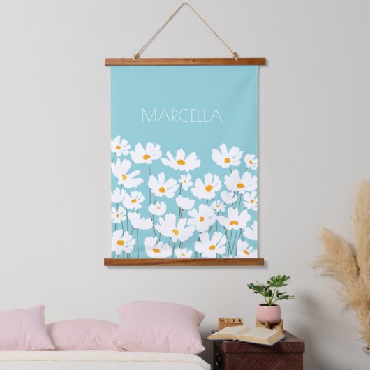 Zomer Witte Kosmos Bloemen Aangepaste naam Hangend Wandkleed (Slaapkamer)