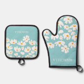 Zomer Witte Kosmos Bloemen Aangepaste naam Ovenwant & Pannenlap Set (Voorkant)