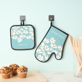 Zomer Witte Kosmos Bloemen Aangepaste naam Ovenwant & Pannenlap Set