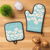 Zomer Witte Kosmos Bloemen Aangepaste naam Ovenwant & Pannenlap Set (Top down)