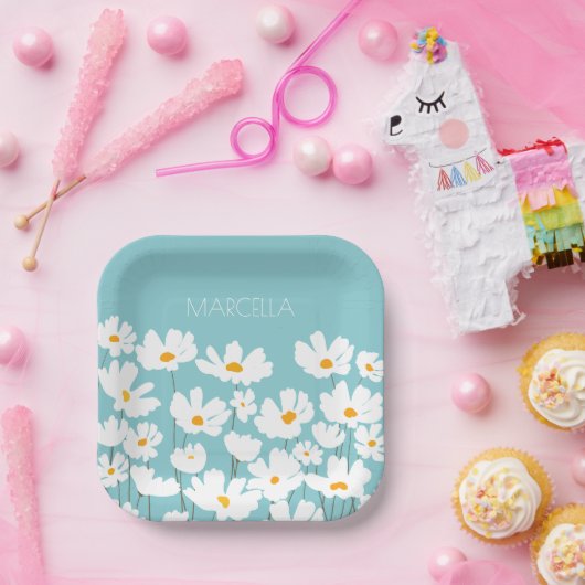 Zomer Witte Kosmos Bloemen Aangepaste naam Papieren Bordje (Feest)