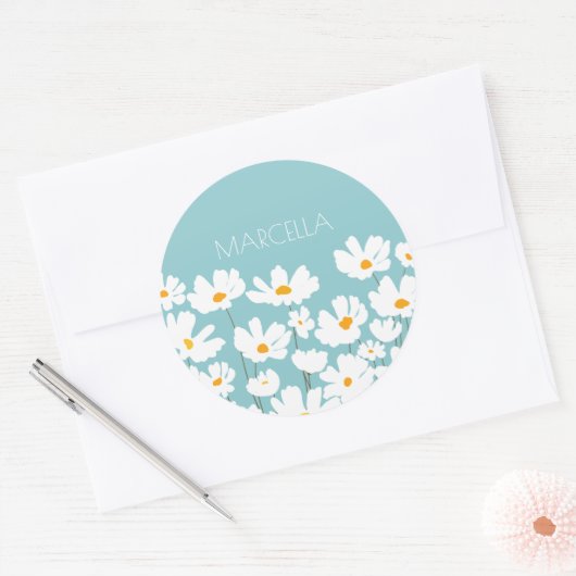 Zomer Witte Kosmos Bloemen Aangepaste naam Ronde Sticker (Envelop)