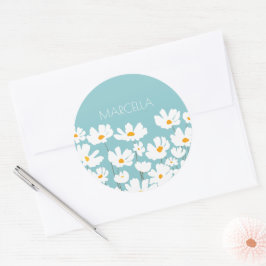 Zomer Witte Kosmos Bloemen Aangepaste naam Ronde Sticker