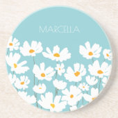 Zomer Witte Kosmos Bloemen Aangepaste naam Zandsteen Onderzetter (Voorkant)