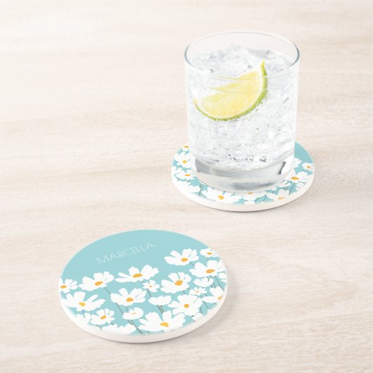 Zomer Witte Kosmos Bloemen Aangepaste naam Zandsteen Onderzetter (Zijkant)