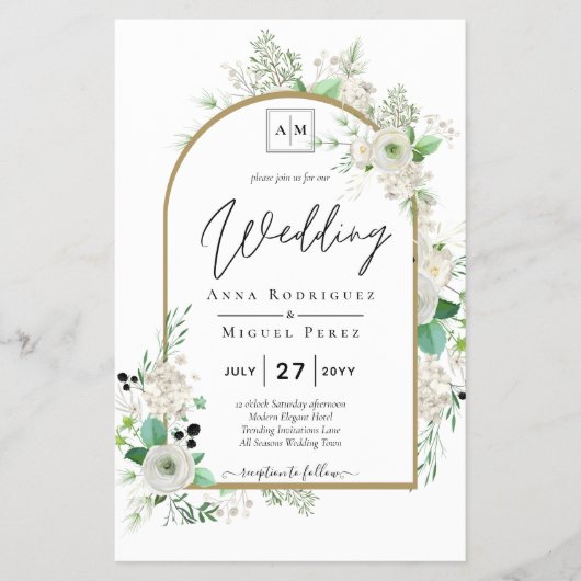 Zomer Witte Rozen Smaragd Salie Groene Blad WEDDIN Flyer (Voorkant)
