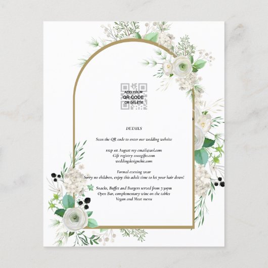 Zomer Witte Rozen Smaragdgroene Bruiloft Flyer (Achterkant)