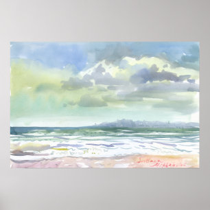 Zomer Zee Golven en Bewolkte Lucht Waterverf Poster